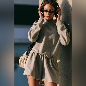 Free People Such a Flirt Romper In Heather Grey Athletic Hooded Open Back S New